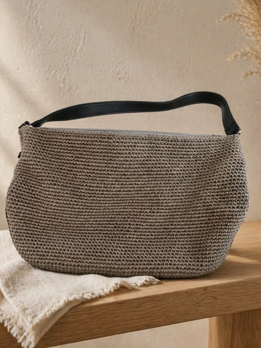 The Sak Taupe Woven Shoulder Bag with Black Strap